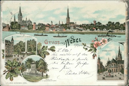 Alte Ansichtskarte Wesel, Gesamtansicht, Kaiserplatz mit Kaiserhof, Denkmal der Schill'schen Offiziere, Grosser Markt