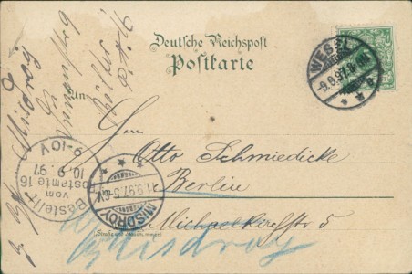 Adressseite der Ansichtskarte Wesel, Gesamtansicht, Kaiserplatz mit Kaiserhof, Denkmal der Schill'schen Offiziere, Grosser Markt