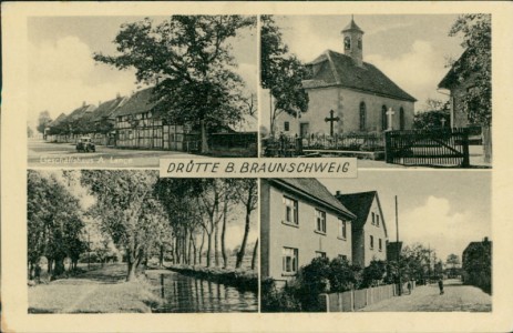 Alte Ansichtskarte Salzgitter-Drütte, Mehrbildkarte mit Geschäftshaus A. Lange und Kirche
