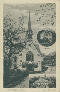 Alte Ansichtskarte Bad Soden am Taunus, Kathol. Pfarrkirche, Pfarrhaus