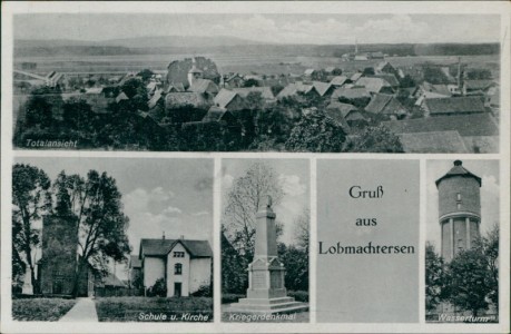 Alte Ansichtskarte Salzgitter-Lobmachtersen, Totalansicht, Schule u. Kirche, Kriegerdenkmal, Wasserturm