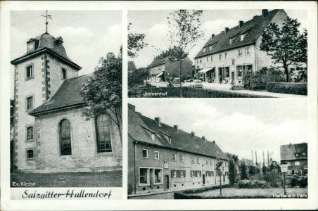 Alte Ansichtskarte Salzgitter-Hallendorf, Ev. Kirche, Immenhof, Partie am Park