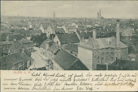 Alte Ansichtskarte Burg b. Magdeburg, Gesamtansicht mit Brauere Th. Krepper