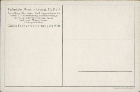 Adressseite der Ansichtskarte Leipzig, Technische Messe, Halle 9. Ausstellung aller Arten Werkzeugmaschinen für Metall- u. Holzbearbeitung