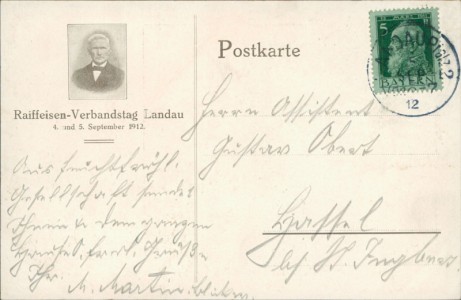 Adressseite der Ansichtskarte Landau in der Pfalz, Festhalle, rückseitig Eindruck "Raiffeisen-Verbandstag Landau 4. und 5. September 1912"