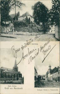 Alte Ansichtskarte Heinsberg-Randerath, Kloster u. Sandberg, Kath. Kirche, Evangel. Kirche u. Alsterstraße
