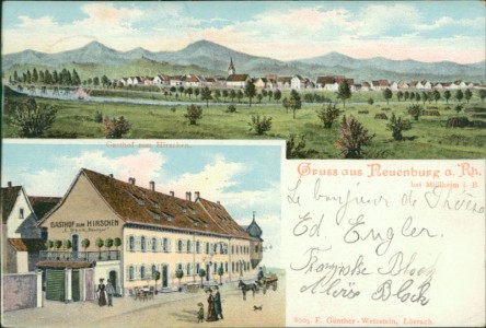 Alte Ansichtskarte Neuenburg am Rhein, Gesamtansicht, Gasthof zum Hirschen