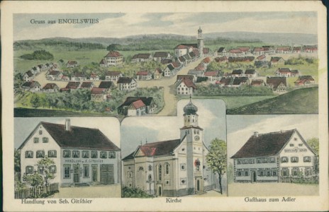 Alte Ansichtskarte Inzigkofen-Engelswies, Gesamtansicht, Handlung von Seb. Gitscher, Kirche, Gasthaus zum Adler (ECKSCHADEN OBEN RECHTS)