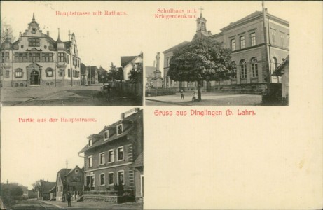 Alte Ansichtskarte Lahr/Schwarzwald-Dinglingen, Hauptstrasse mit Rathaus, Schulhaus mit Kriegerdenkmal, Partie aus der Hauptstrasse