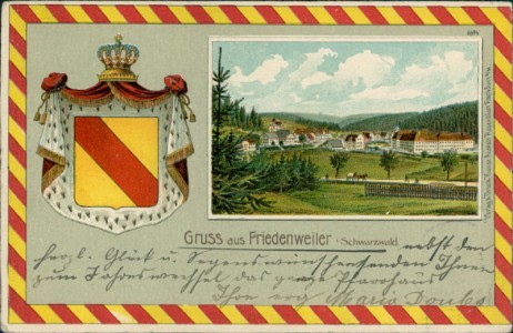 Alte Ansichtskarte Friedenweiler i. Schwarzwald, Gesamtansicht, Wappen