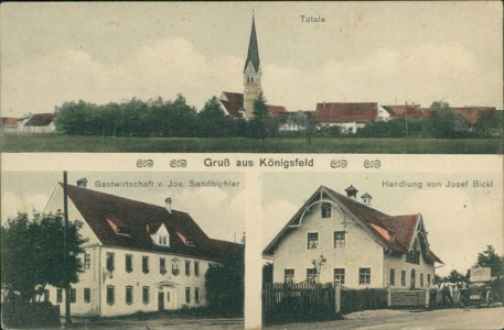Alte Ansichtskarte Wolnzach-Königsfeld, Totale, Gastwirtschaft v. Jos. Sandbichler, Handlung von Josef Bickl