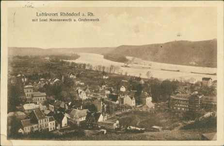 Alte Ansichtskarte Bad Honnef-Rhöndorf, Teilansicht mit Insel Nonnenwerth u. Grafenwerth