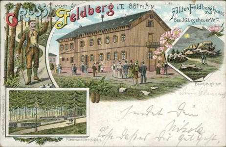 Alte Ansichtskarte Gruss vom gr. Feldberg i. T., Altes Feldberghaus, Bes. J.G. Ungeheuer Ww., Römercastell am Feldberg