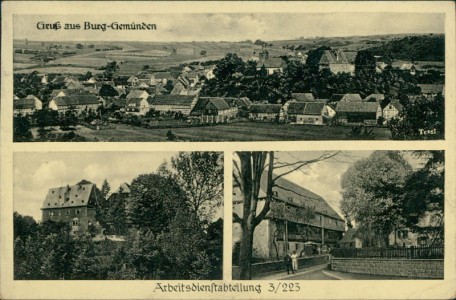 Alte Ansichtskarte Burg-Gemünden, Gesamtansicht, Arbeitsdienstabteilung 3/223