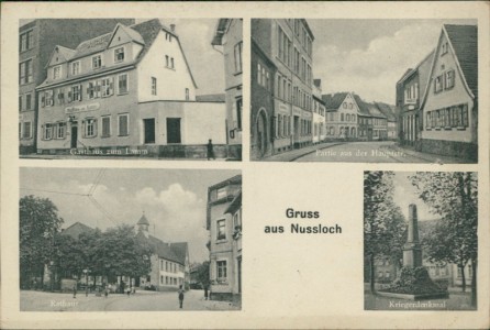 Alte Ansichtskarte Nußloch, Gasthaus zum Lamm, Partie an der Hauptstr., Rathaus, Kriegerdenkmal