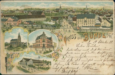 Alte Ansichtskarte Gruss aus Bünde i./W., Gesamtansicht mit Bahnhof, Kirche, Postamt (SEHR SCHLECHTE ERHALTUNG)