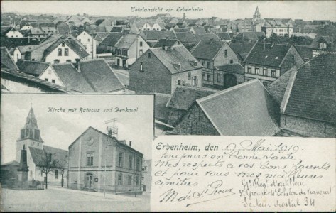 Alte Ansichtskarte Wiesbaden-Erbenheim, Totalansicht, Kirche mit Rathaus und Denkmal