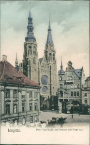 Alte Ansichtskarte Liegnitz / Legnica, Peter Paul-Kirche und Passage vom Ringe aus