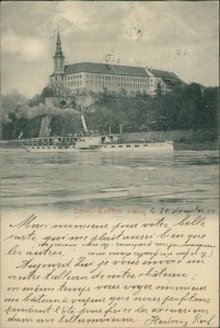 Alte Ansichtskarte Tetschen / Děčín, Schloss Tetschen a/Elbe mit Raddampfer Hohenzollern (EINRISS)