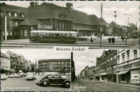 Alte Ansichtskarte Wanne-Eickel, Hauptbahnhof mit Busbahnhof, Partie an der Sparkasse, Hauptstraße, VW-Käfer