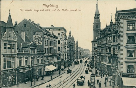 Alte Ansichtskarte Magdeburg, Der Breite Weg mit Blick auf die Katharinenkirche