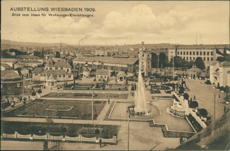 Alte Ansichtskarte Wiesbaden, Ausstellung 1909, Blick vom Haus für Wohnungs-Einrichtungen