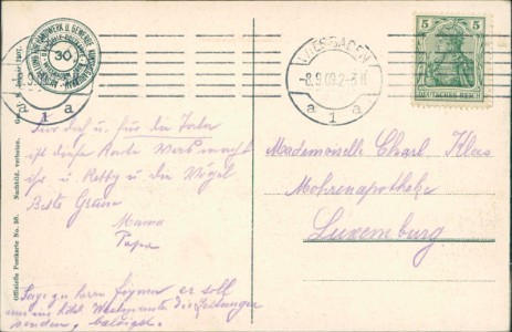 Adressseite der Ansichtskarte Wiesbaden, Ausstellung 1909, Blick vom Haus für Wohnungs-Einrichtungen