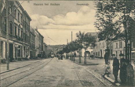 Alte Ansichtskarte Aachen-Haaren, Hauptstraße mit Straßenbahn