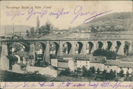 Alte Ansichtskarte Knutange / Kneuttingen, Brücke u. Hütte "Friede"