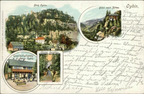 Alte Ansichtskarte Oybin (Olbersdorf), Berg Oybin, Blick nach Zittau, Gesellschaftsplatz a. d. Berge Oybin, Oberes Burgtor