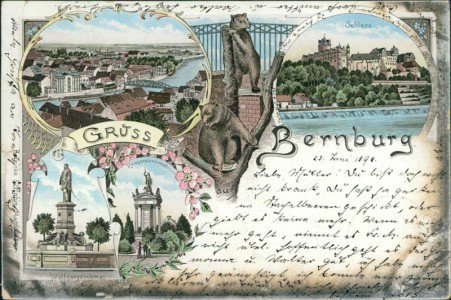 Alte Ansichtskarte Bernburg (Saale), Teilansicht, Schloss, Wolfgangdenkmal, Kriegerdenkmal