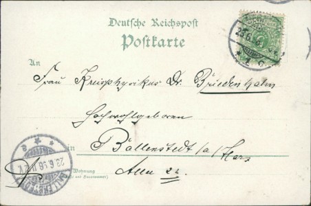 Adressseite der Ansichtskarte Bernburg (Saale), Teilansicht, Schloss, Wolfgangdenkmal, Kriegerdenkmal