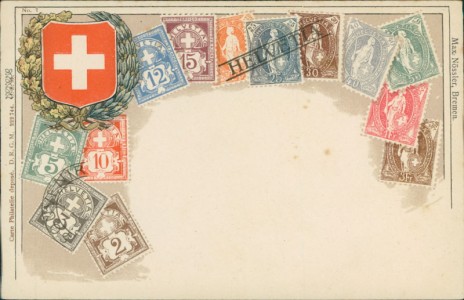 Alte Ansichtskarte Schweiz / Switzerland, Briefmarken und Wappen auf Ansichtskarte