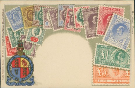 Alte Ansichtskarte Vereinigtes Königreich / United Kingdom, Briefmarken und Wappen auf Ansichtskarte