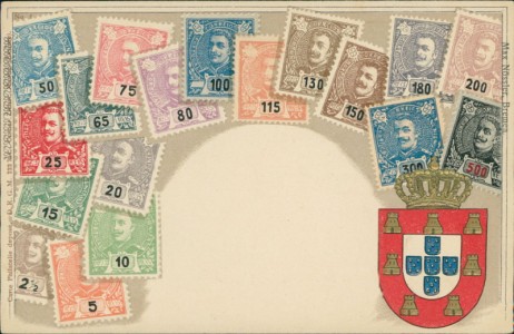 Alte Ansichtskarte Portugal, Briefmarken und Wappen auf Ansichtskarte