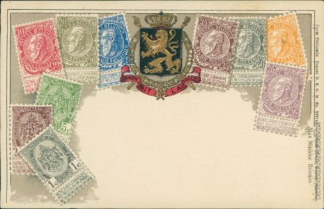 Alte Ansichtskarte Belgien / Belgium, Briefmarken und Wappen auf Ansichtskarte