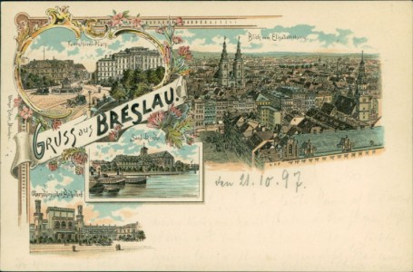 Alte Ansichtskarte Breslau / Wrocaw, Tauentzien-Platz, Blick vom Elisabethturm, Sand-Kirche, Oberschlesischer Bahnhof