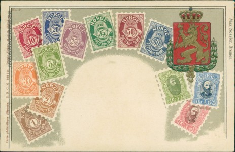 Alte Ansichtskarte Norwegen / Norway, Briefmarken und Wappen auf Ansichtskarte
