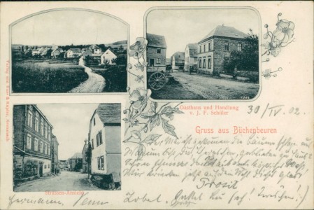 Alte Ansichtskarte Büchenbeuren, Teilansicht, Gasthaus und Handlung v. J. F. Schüler, Strassen-Ansicht