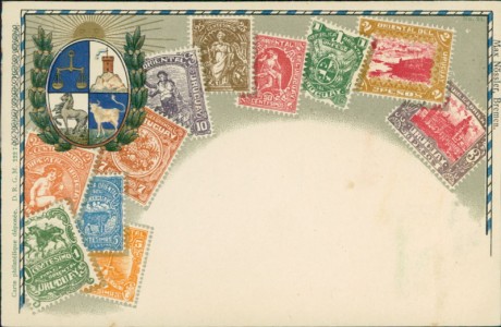 Alte Ansichtskarte Uruguay, Briefmarken und Wappen auf Ansichtskarte