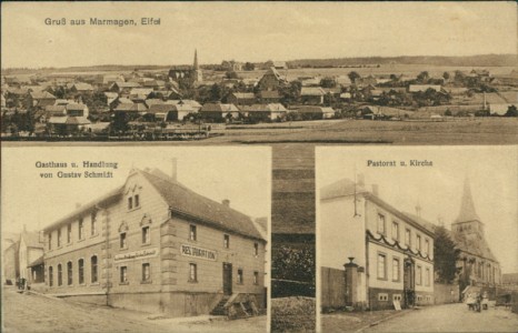 Alte Ansichtskarte Nettersheim-Marmagen, Gesamtansicht, Gasthaus u. Handlung von Gustav Schmidt, Pastorat u. Kirche