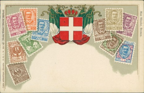 Alte Ansichtskarte Italien / Italy, Briefmarken und Wappen auf Ansichtskarte