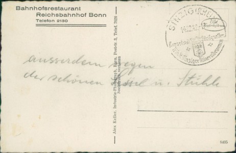 Adressseite der Ansichtskarte Bonn, Bahnhofsrestaurant Reichsbahnhof Bonn. Wartesaal I. u. II. Klasse