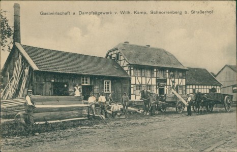 Alte Ansichtskarte Leverkusen-Schlebusch, Gastwirtschaft u. Dampfsägewerk v. Wilh. Kamp, Schnorrenberg b. Straßerhof