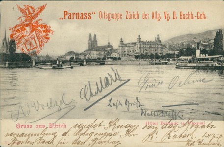 Alte Ansichtskarte Zürich, "Parnass" Ortsgruppe Zürich der Allg. Vg. D. Buchh.-Geh.