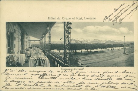 Alte Ansichtskarte Luzern, Hôtel du Cygne et Rigi, Restaurant-Terrasse