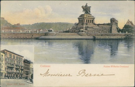 Alte Ansichtskarte Koblenz, Kaiser Wilhelm-Denkmal, Hotel zum Anker