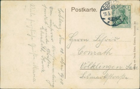 Adressseite der Ansichtskarte Koblenz, 25. Hauptversammlung d. Vereins kath. deutscher Lehrerinnen - Coblenz, Pfingsten 1910