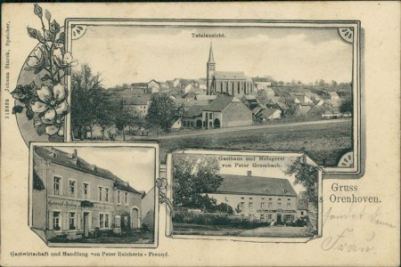 Alte Ansichtskarte Orenhofen (Speicher), Totalansicht, Gastwirtschaft und Handlung von Peter Reichertz-Freund, Gasthaus und Metzgerei von Peter Grumbach