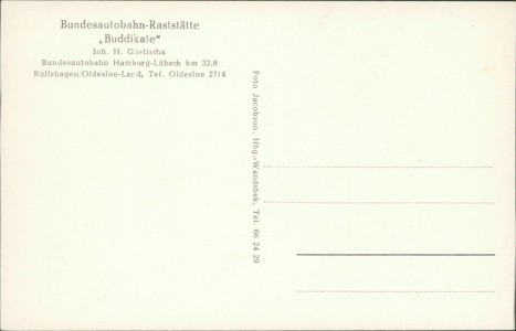 Adressseite der Ansichtskarte Bundesautobahn-Raststätte "Buddikate", Inh. H. Gostischa, Bundesautobahn Hamburg-Lübeck, km 32,8